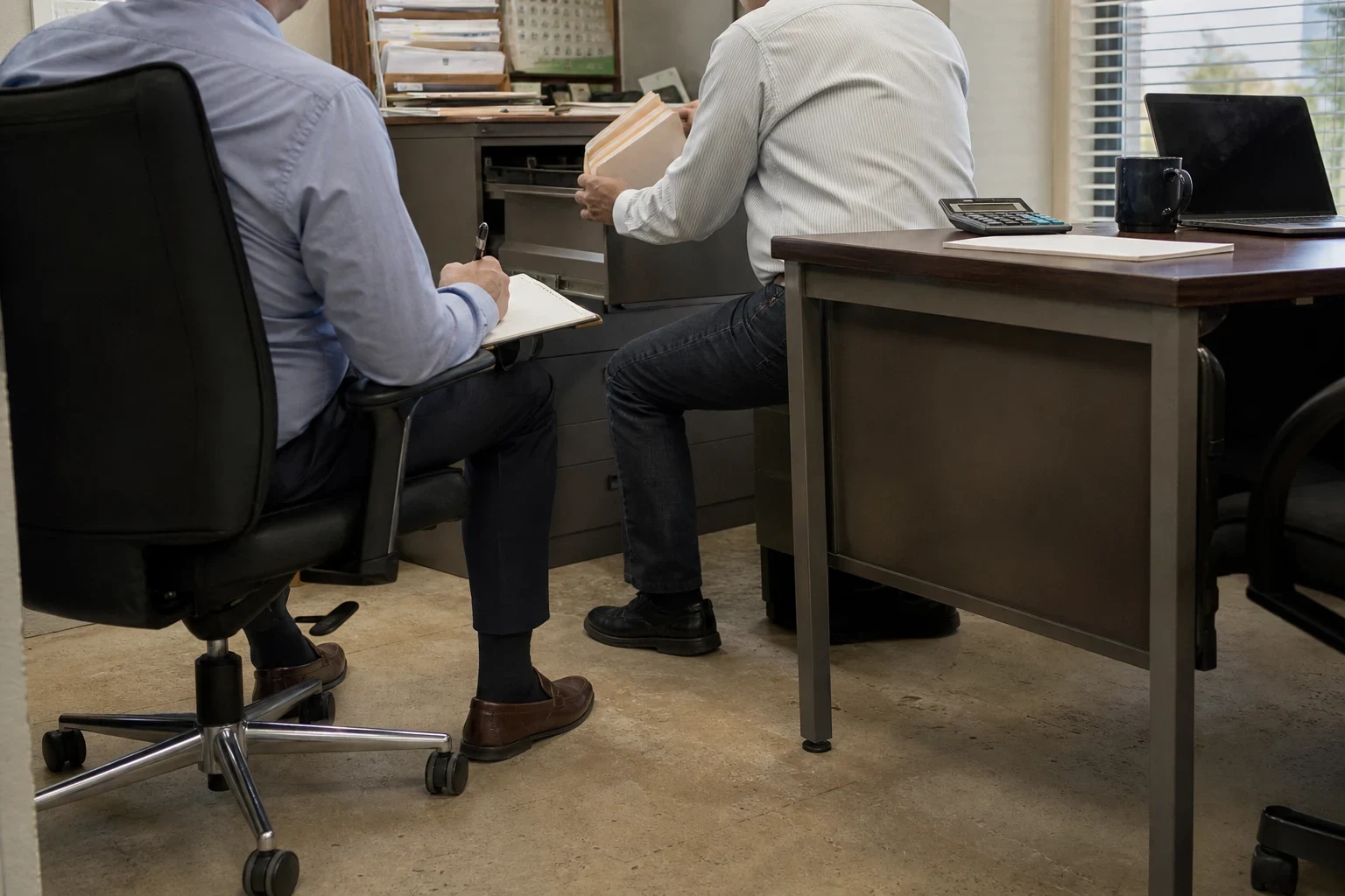 Two men in a small office, one seated with a notepad and pen while the other pulls folders from a filing cabinet beside a desk with a calculator, mug and laptop