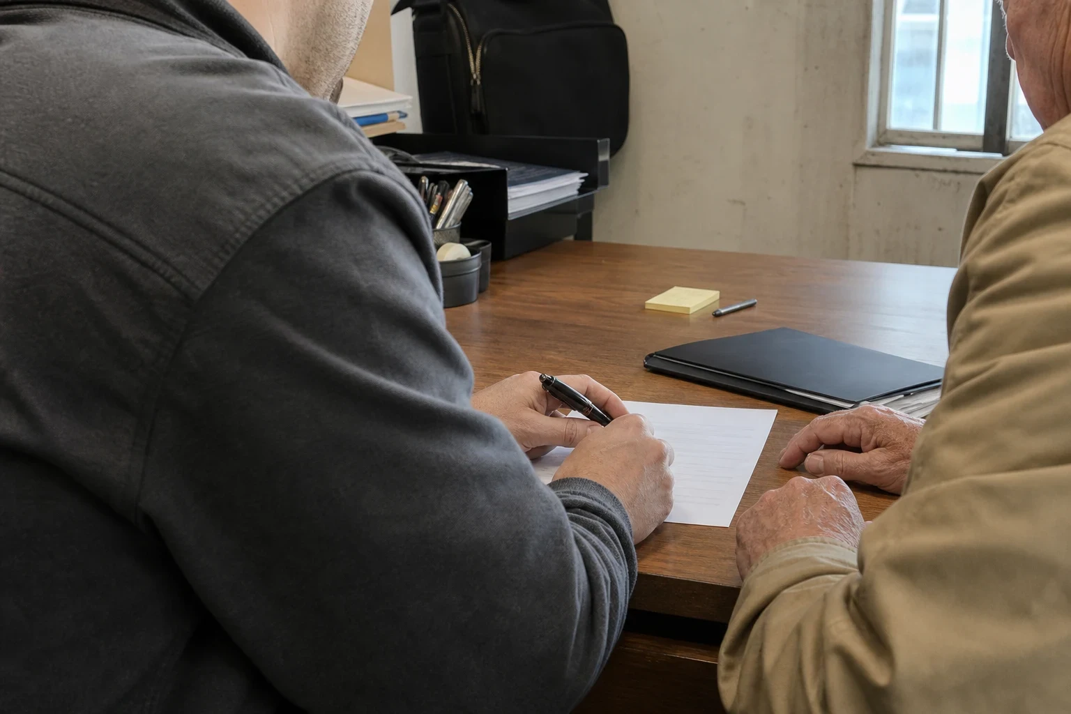 Two men seated at a wooden desk in a small office, one holding a pen over a short form while an older man in a tan jacket rests his hands beside a black folder