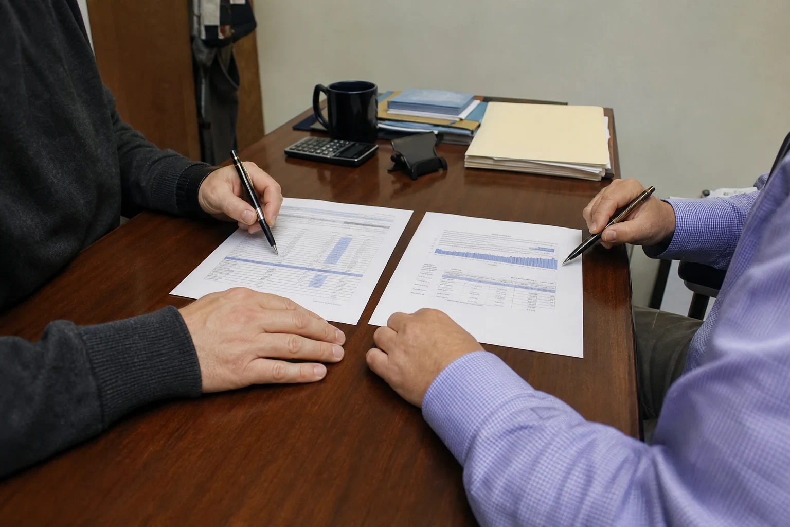 Two people at a wooden office desk comparing two printed documents side by side with pens, beside a calculator, coffee mug and manila folders