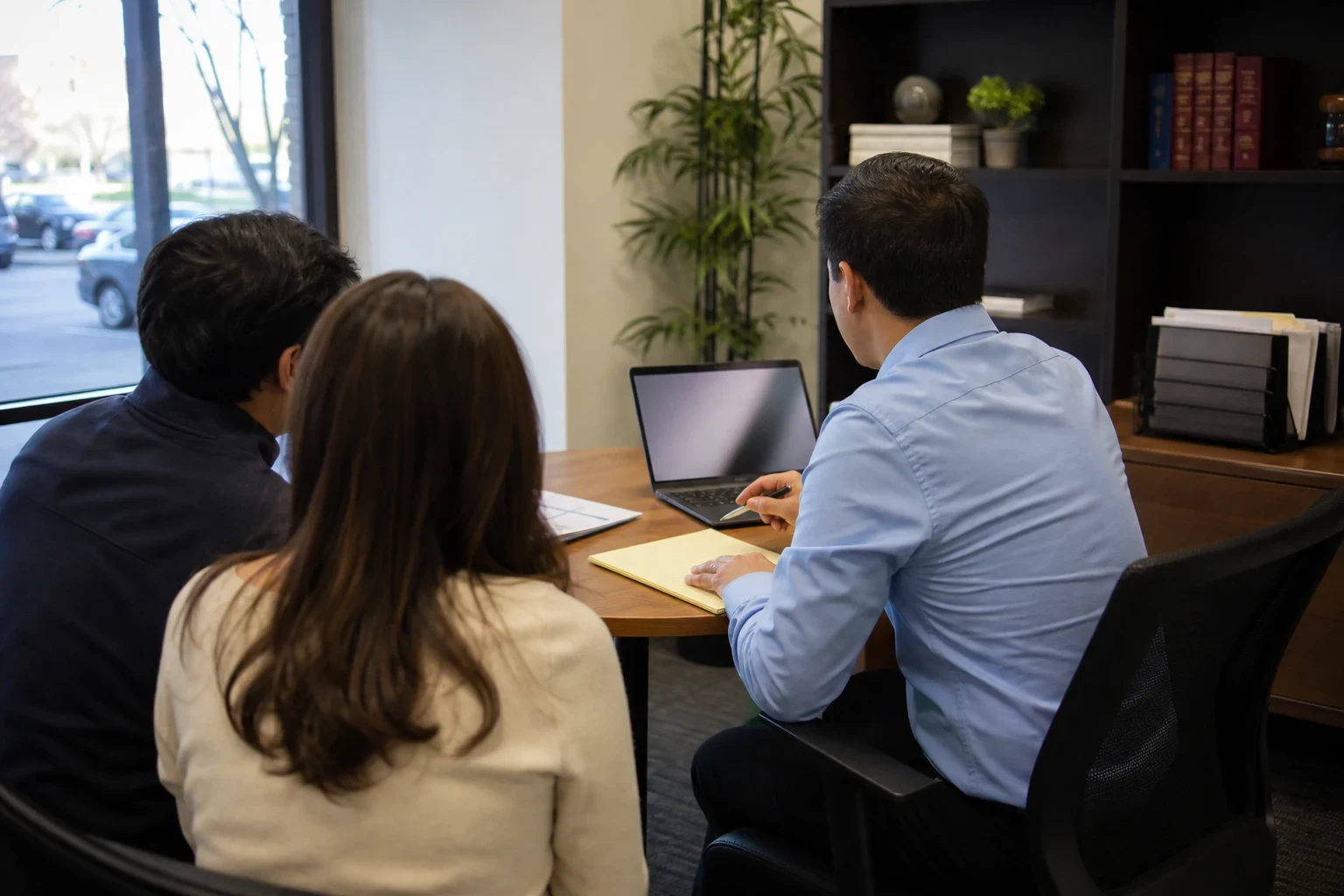 Agent in a light blue shirt with a laptop and yellow notepad meets a couple at a round wooden table in an office with bookshelves, a plant and a window to the parking lot